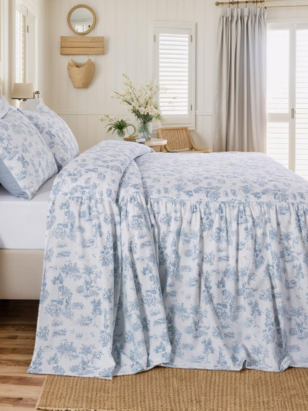 French Country Toile Cotton Bedspread Set Luxury Oversized Blue Toile Bedding